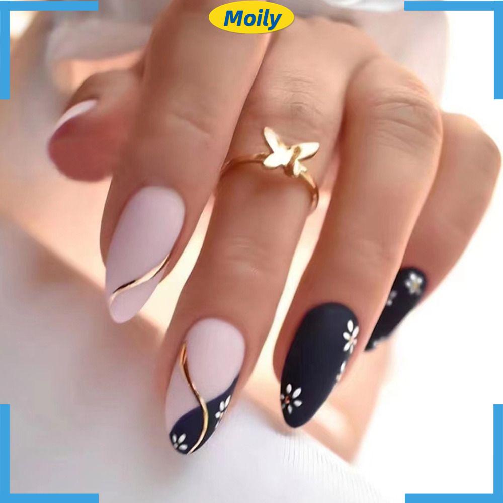 MOILYVN Set 24 Móng Tay Giả Trang Trí Họa Tiết Hoa / Trái Tim Xinh Xắn