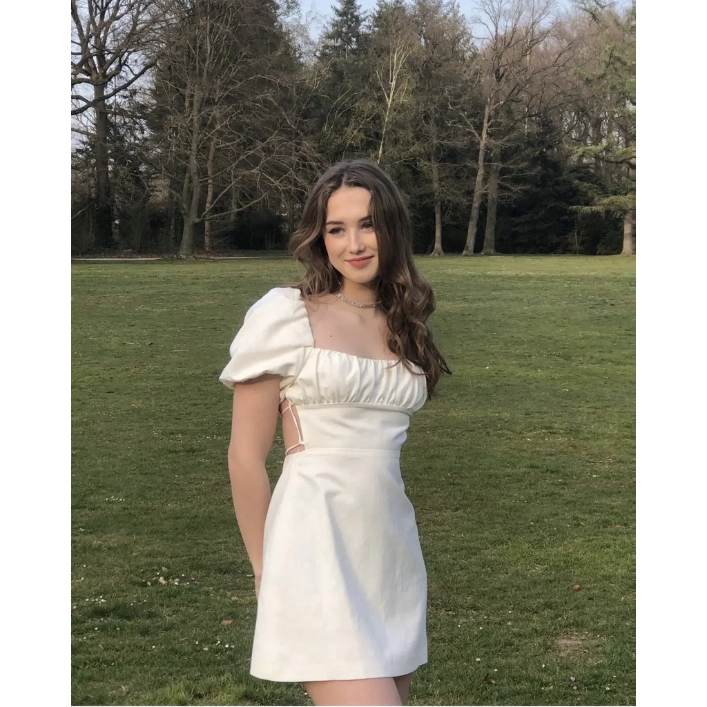 Zara Đầm Trắng Tay Phồng Hở Lưng Quyến Rũ Thời Trang Hè Kiểu Pháp