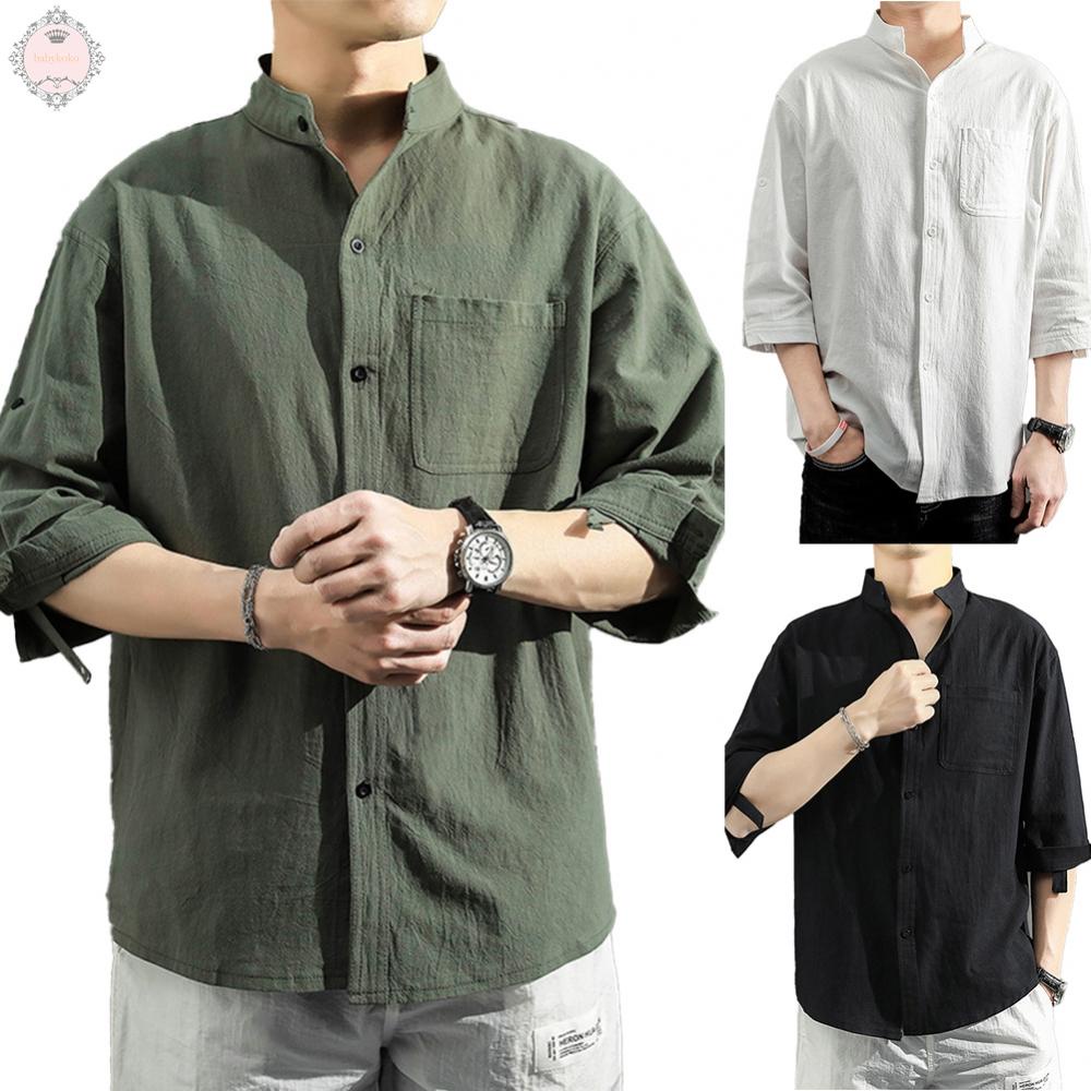 Linen Shirt Casual Fashionable Lapel Collar.Breathable Loose Fit Man Men