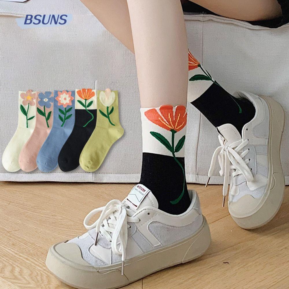 BSUNS Set 2 Đôi Vớ Cổ Vừa In Họa Tiết Hoa Dễ Thương Thoáng Khí Thời Trang Cho Nữ