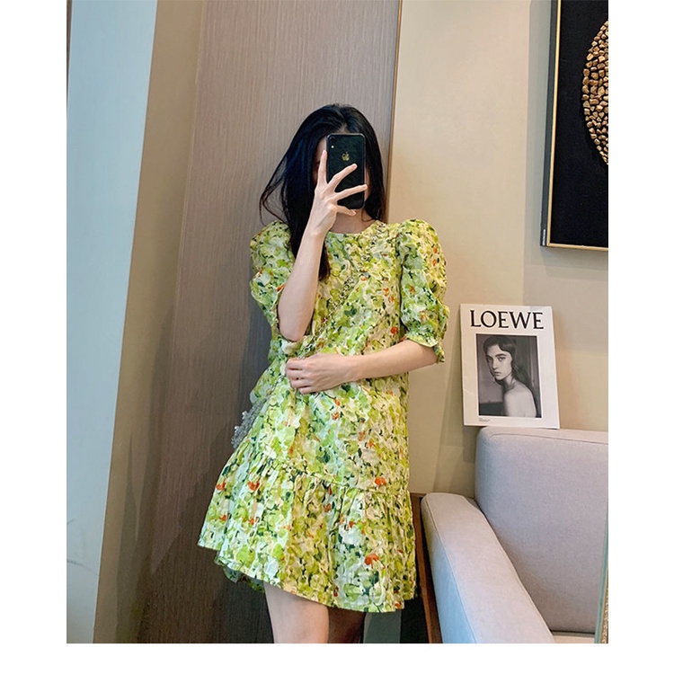 Đầm Dáng Rộng In Hoa Màu Xanh Lá Phong Cách Retro Mùa Hè 2023