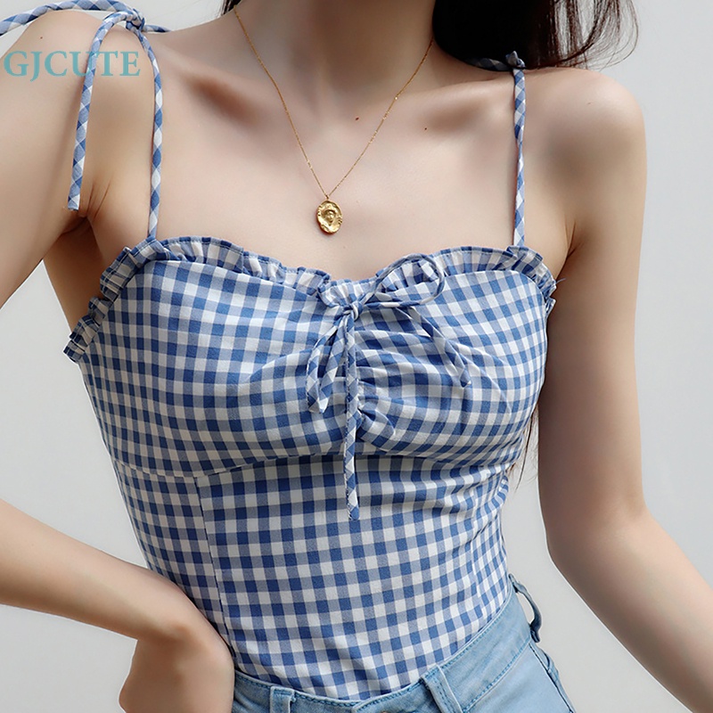 Áo Hai Dây Mỏng Mùa Hè Buộc Dây Họa Tiết Kẻ Sọc Cổ Điển Pháp Cho Nữ