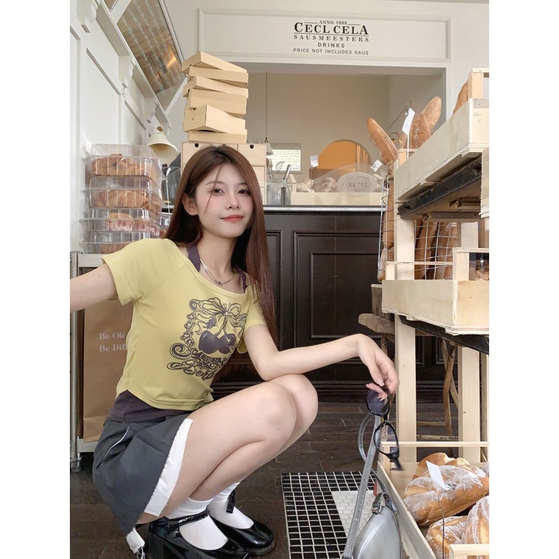 Áo Thun Ngắn Tay Giả Hai Lớp Màu Sắc Tương Phản Phong Cách Retro Mỹ Cho Nữ