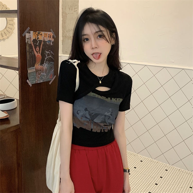 Áo Thun Cotton Ngắn Tay Giả Hai Lớp Dáng Ôm Thời Trang Cho Nữ