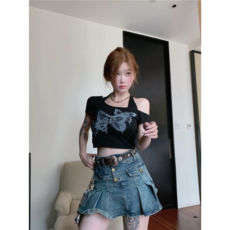 Áo Thun Ngắn Tay Trễ Vai In Họa Tiết Bướm Xinh Xắn Dành Cho Nữ