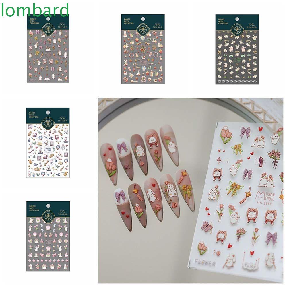 LOMBARD Miếng Dán Trang Trí Móng Tay Họa Tiết Thỏ Hoạt Hình / Hoa Dập Nổi Đáng Yêu Dành Cho Salon