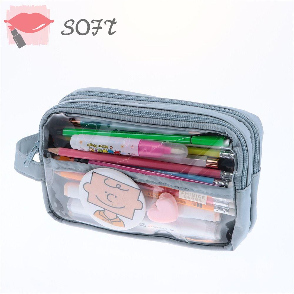 SOFTNESS Túi Đựng Bút Trong Suốt Hình Vuông Sức Chứa Lớn Có Khóa Kéo Tiện Dụng