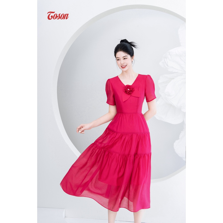 Đầm tơ hồng sen nhún 3 tầng, cổ đính hoa cuốn thủ công 44038P83