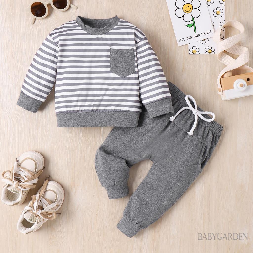 Set Đồ 2 Món Gồm Áo Thun Cổ Thuyền Dài Tay Kẻ Sọc + Quần Lưng Thun Cho Bé Trai 0-3 Tuổi