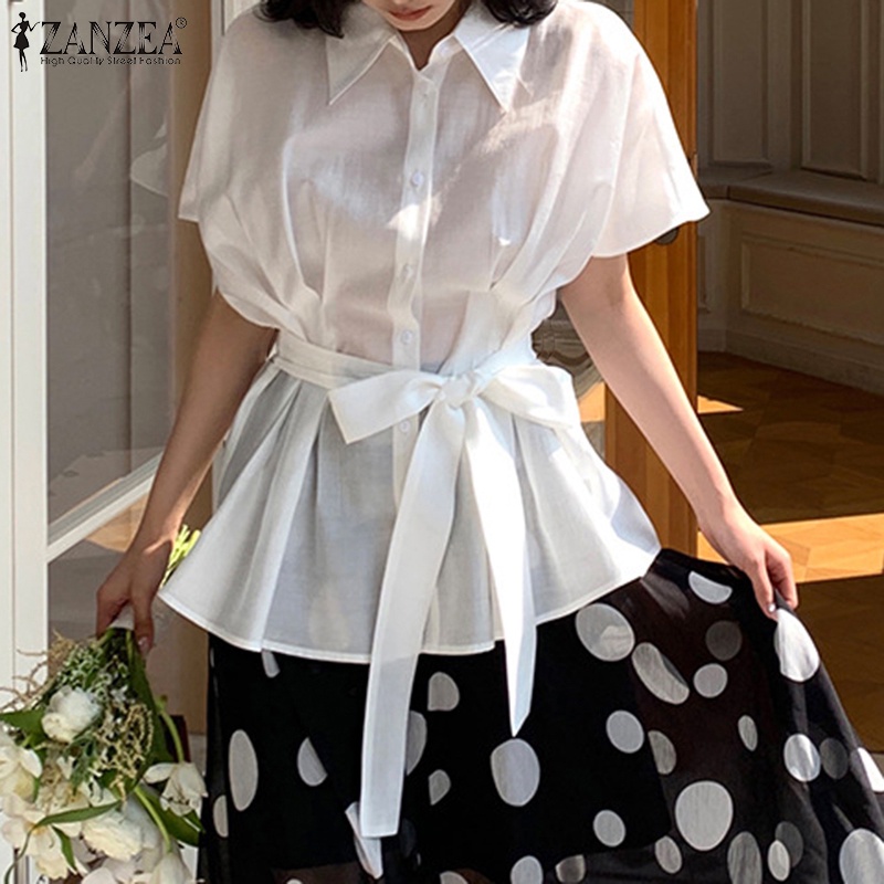ZANZEA Áo Sơ Mi Ngắn Tay Xếp Ly Cổ Bẻ Thời Trang Hàn Quốc Cho Nữ