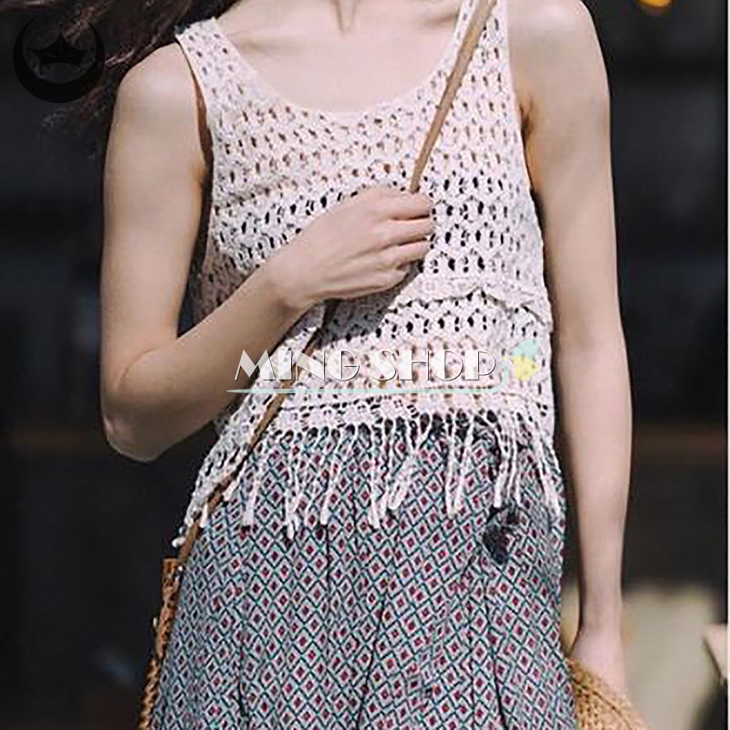 Áo Dệt Kim Cổ Tròn Phối Tua Rua Phong Cách Bohemia Thời Trang Mùa Hè Cho Nữ