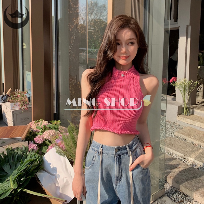 Áo Hai Dây Dệt Kim Cổ Tròn Màu Sắc Ngọt Ngào Thời Trang Mùa Hè Cho Nữ