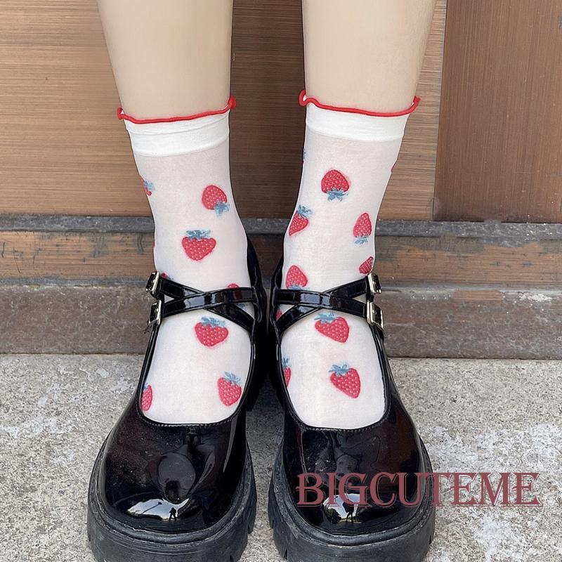 Vớ Lưới Dài Tới Mắt Cá Chân In Họa Tiết Dâu Tây Thoáng Khí Phong Cách Lolita Mặc Hàng Ngày Cho Nữ