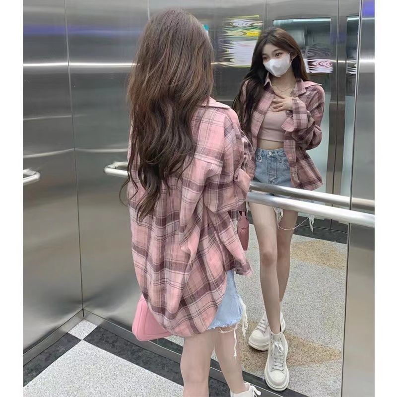 Áo Sơ Mi Tay Dài Chống Nắng Họa Tiết Kẻ Sọc Màu Hồng Thời Trang Cho Nữ