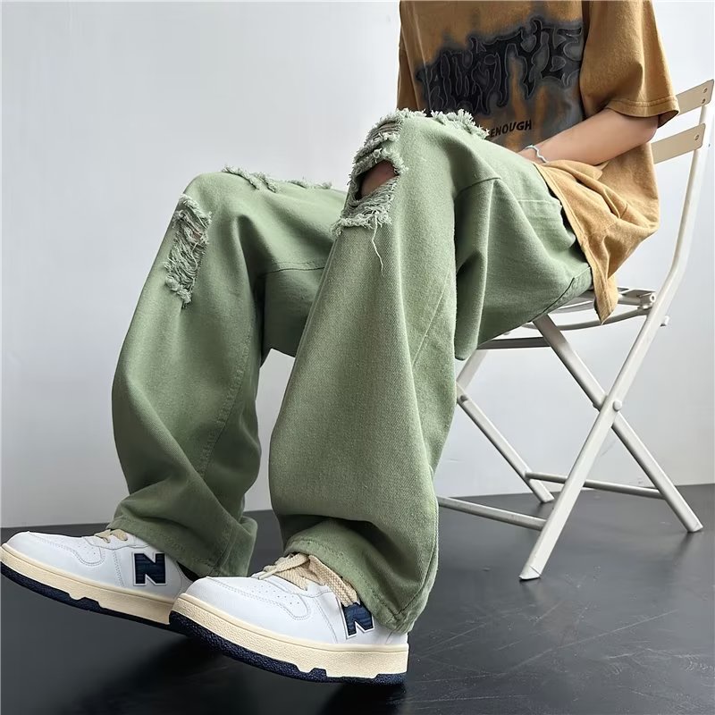 Quần Jean Kaki Ống Rộng Rách Gối Phong Cách Đường Phố Mỹ Thời Trang Mùa Hè Cho Nam
