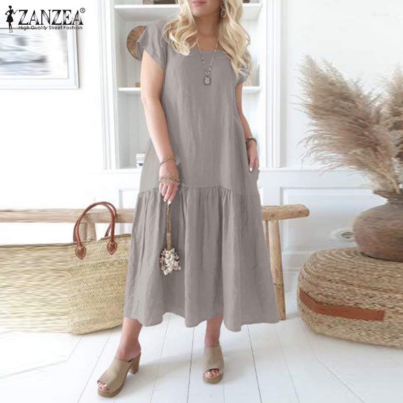 Zanzea Đầm Đuôi Cá Ngắn Tay Cổ Tròn Phong Cách Vintage Nữ Tính