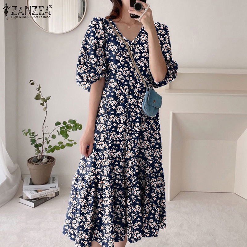 ZANZEA Đầm Tay Lửng Cổ Chữ V In Họa Tiết Hoa Thời Trang Hàn Quốc Cho Nữ