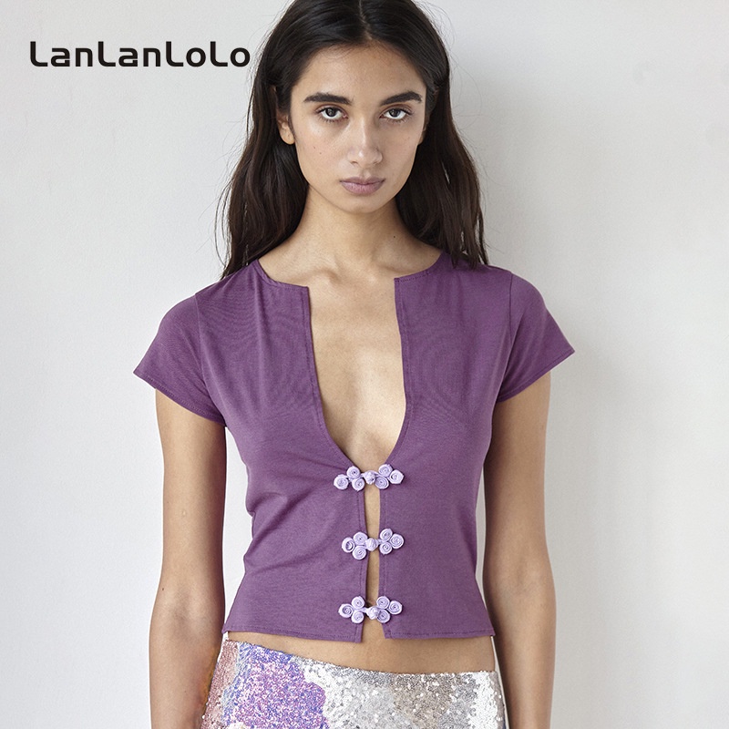Áo thun LanLanLoLo tay ngắn cổ tròn màu trơn thời trang 2023 cho nữ