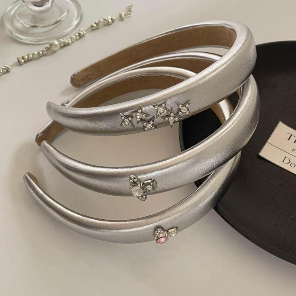 WMES15H Băng Đô Cài Tóc Bằng Da PU Màu Bạc Họa Tiết Hành Tinh Ngôi Sao Phong Cách Hàn Quốc Cá Tính