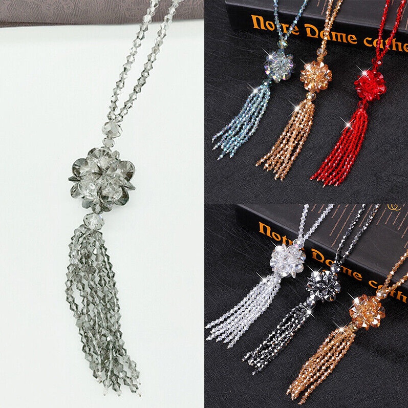 Boho Pendant Beaded Long Statement Necklace Sparkly Crystal Bead Sweater Chain