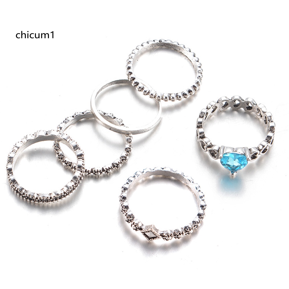 Set 6 Nhẫn Đốt Ngón Tay Nhiều Kiểu Đính Đá Pha Lê Hình Trái Tim Phong Cách Boho