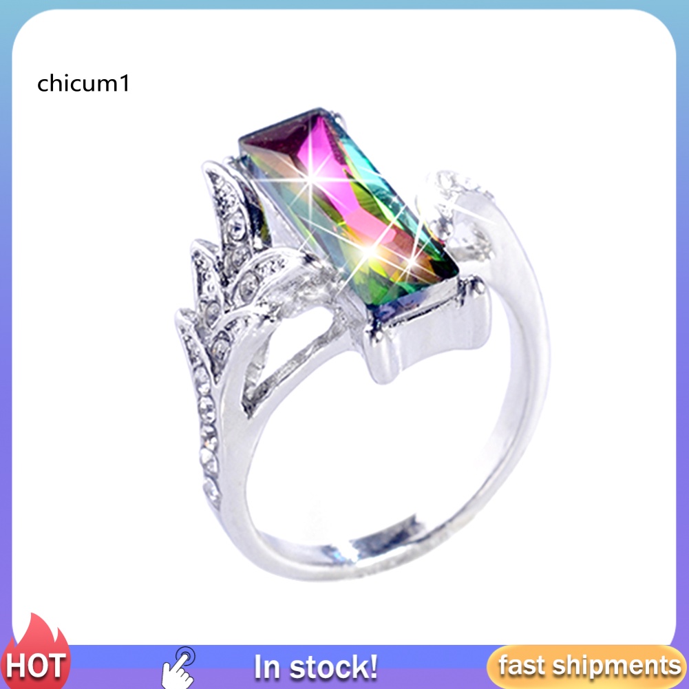 Nhẫn Cưới Mặt Vuông Đính Đá Zircon Màu Cầu Vồng Thanh Lịch Cho Nữ