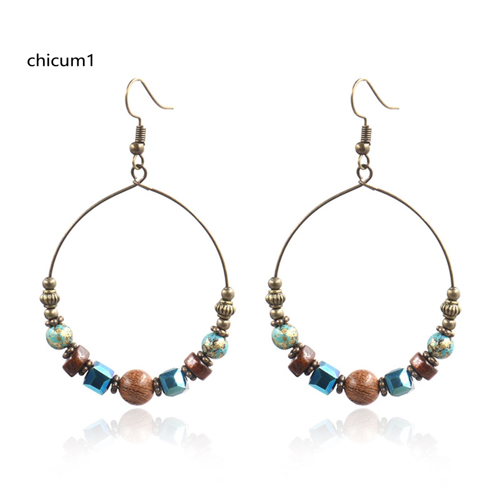 Khuyên Tai Nữ Trang Dáng Tròn Đính Hạt Gỗ Phong Cách Bohemian