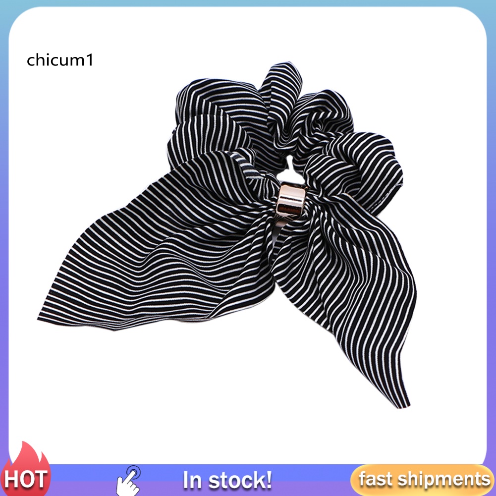 Dây Cột Tóc Đuôi Ngựa Co Giãn Đính Nơ Kẻ Sọc Đơn Giản Cho Nữ