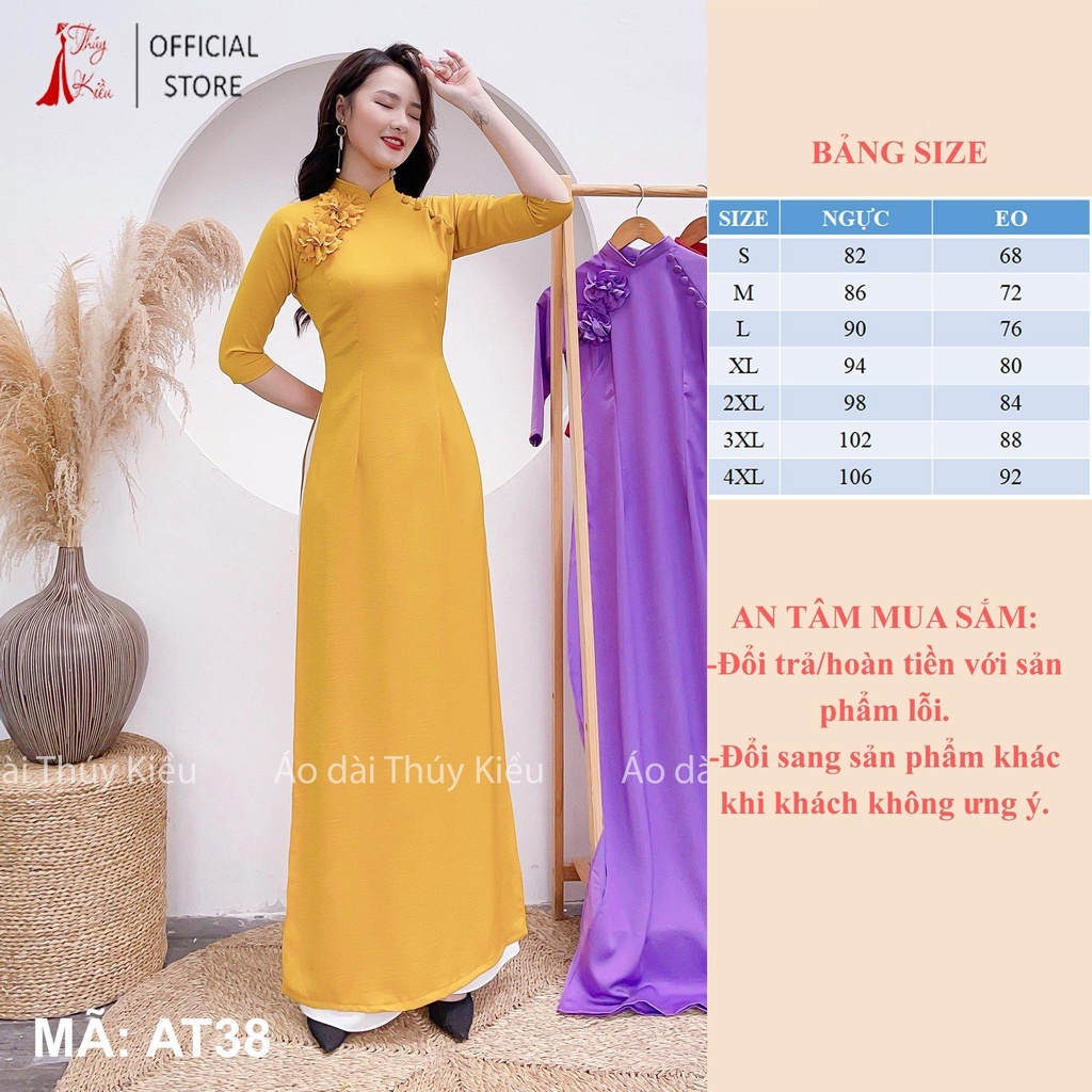 AT38 Áo dài nữ truyền thống Thuý Kiều thiết kế nền vàng đính hoa thủ công đẹp ảnh thật tự chụp may sẵn