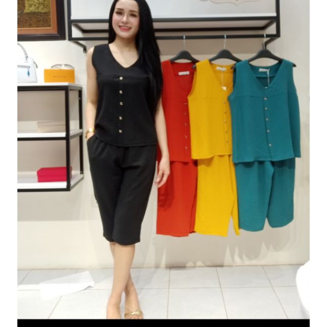 Đồ Bộ Lửng Cổ Tim Vải Đũi Co Dãn Mềm Mại Thoáng Mát, FREESIZE Dưới 55Kg Nguyên Khánh Store