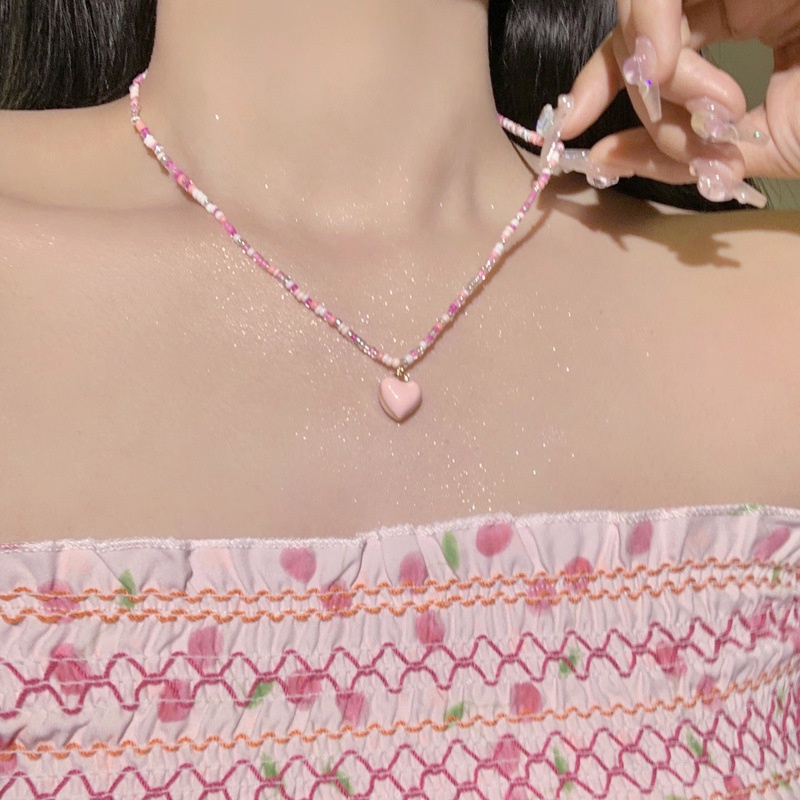 Vòng cổ Chuỗi Hạt Trái Tim Màu Hồng Dễ Thương Cho Thanh Thiếu Niên