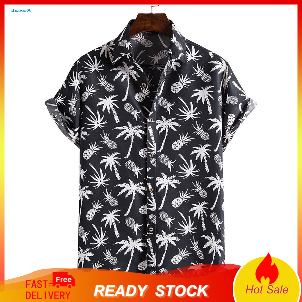Pemg Áo Sơ Mi Ngắn Tay Cổ Bẻ In Họa Tiết Cây Dừa Phong Cách Hawaii Thời Trang Mùa Hè Cho Nam
