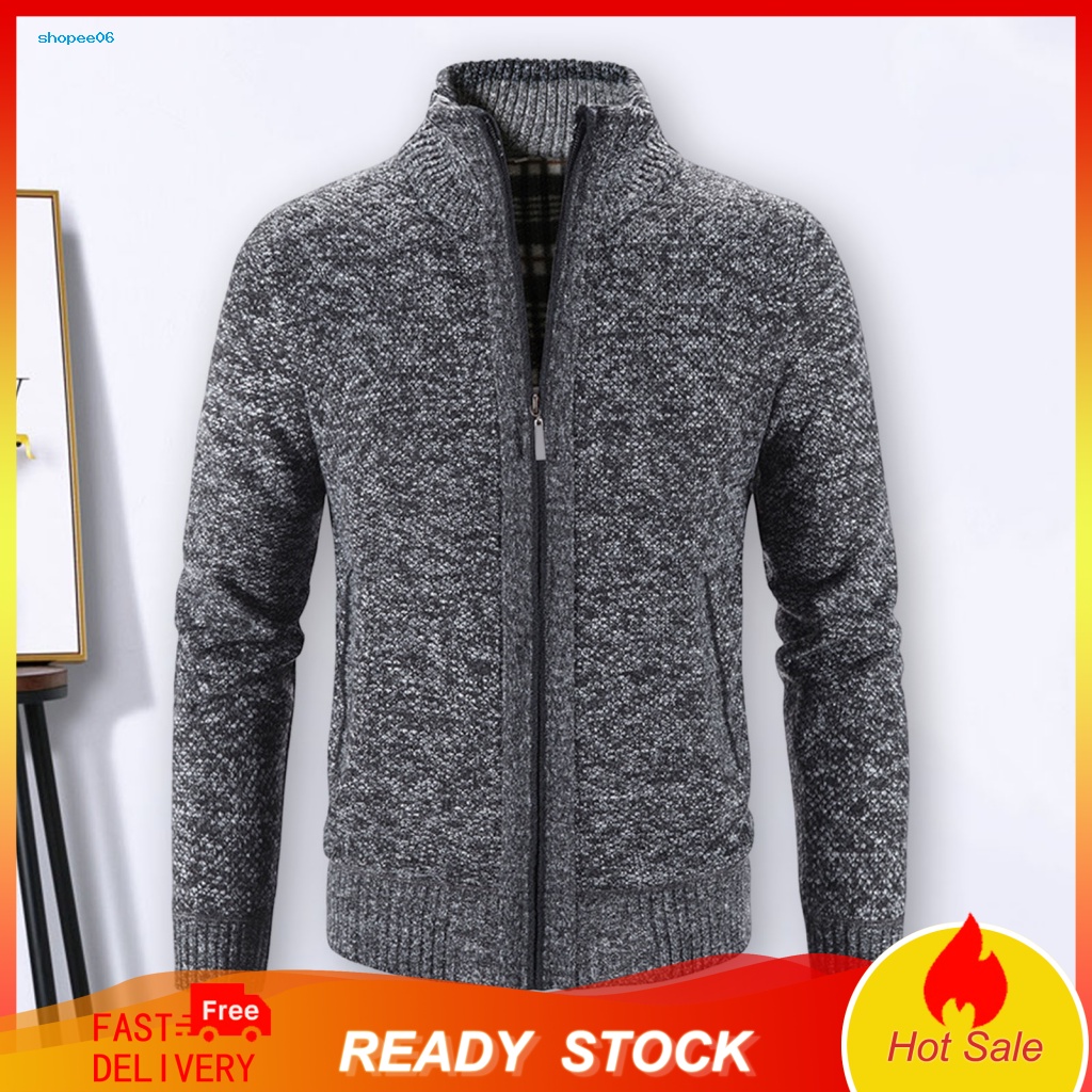 Pemg Áo Khoác Sweater Dệt Kim Tay Dài Lót Lông Cừu Màu Trơn Có Khóa Kéo Thời Trang Thu Đông Cho Nam