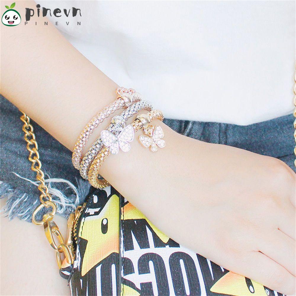 PINEVN Set 3 Vòng Tay Nhiều Lớp Màu Vàng / Bạc Đính Hình Bướm / Trái Tim