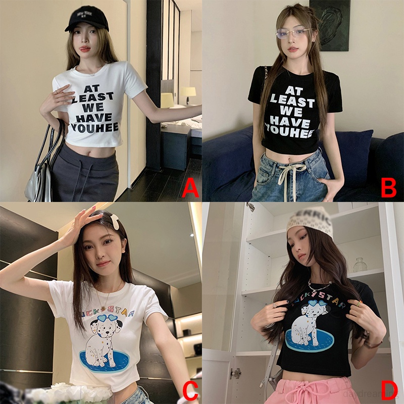 Áo Thun Croptop Tay Ngắn Cổ Tròn In Chữ Và Hình Chú Chó Dễ Thương Thời Trang Mùa Hè Phong Cách Hàn Quốc Cho Nữ