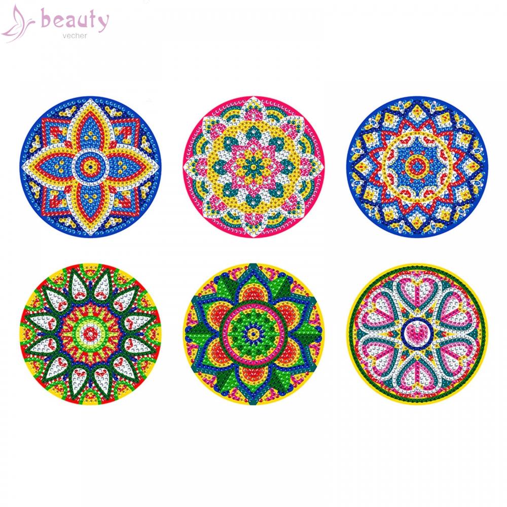 Bộ 6 Tấm Lót Ly Có Giá Đỡ Họa Tiết Mandala Độc Đáo DIY