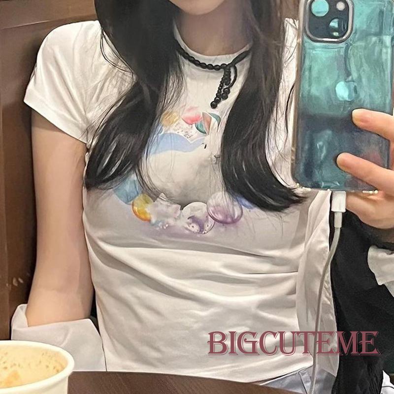 Áo Croptop Ôm Dáng Tay Ngắn In Họa Tiết Thỏ Dễ Thương Cho Nữ