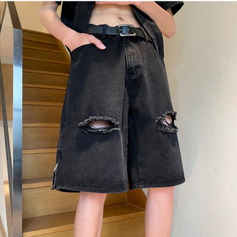 Quần Short Denim Dáng Rộng Rách Gối Phong Cách Đường Phố Mỹ Mùa Hè Cho Nam