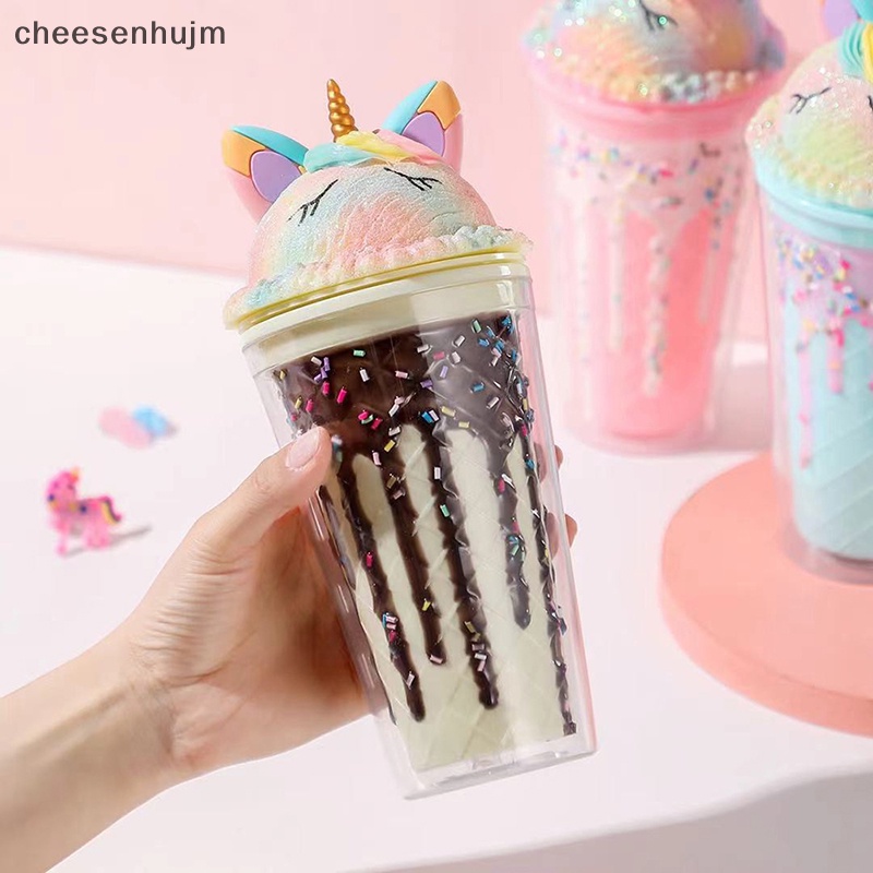 Cốc Uống Nước Hai Lớp Bằng Nhựa Họa Tiết Kỳ Lân Hoạt Hình Dễ Thương Kèm Ống Hút Tiện Dụng Cho Mùa Hè