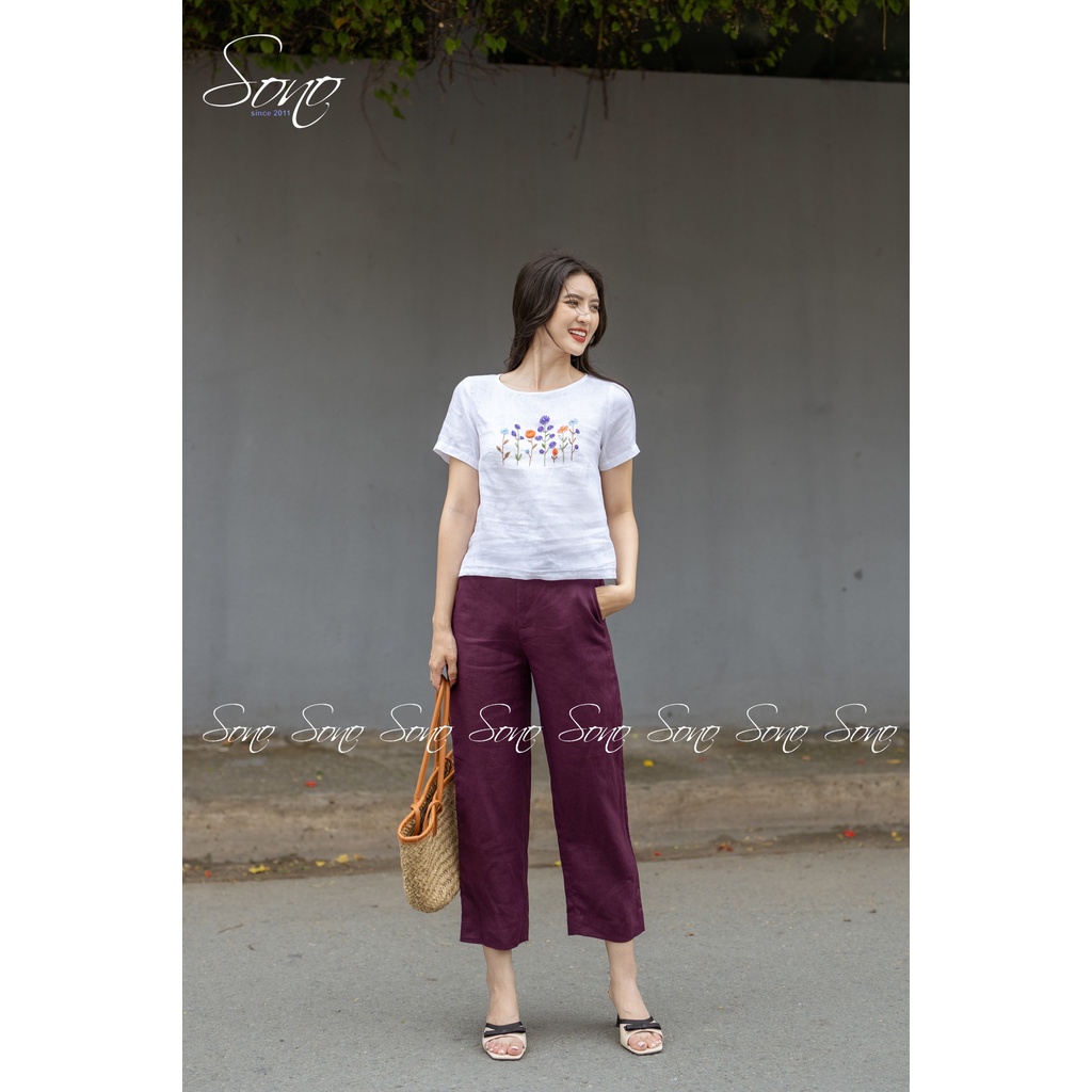 SONO - Áo Linen Có Tay Thêu Hoa Nhí