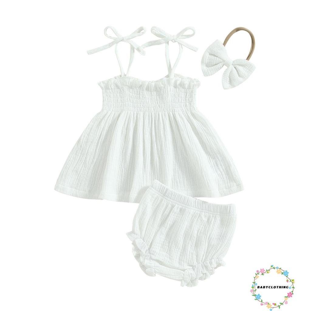 Babyclothes-baby girl 3pcs trang phục mùa hè không tay buộc dây đeo shirred tops + quần short + bộ băng đô