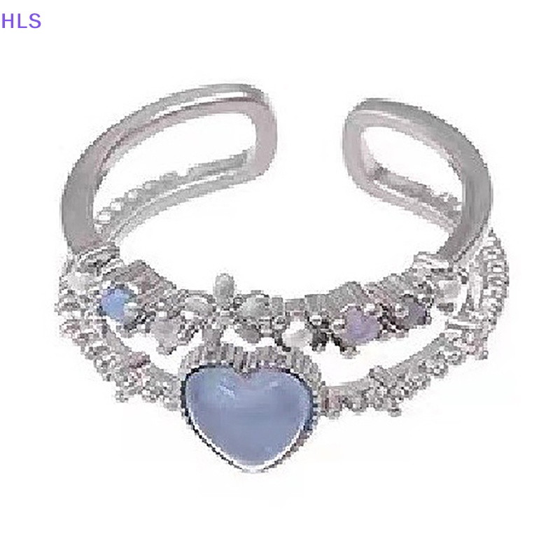 [HLS] Nhẫn Hở Đính Đá Zircon Màu Xanh Navy Hình Trái Tim Ánh Trăng Cá Tính Có Thể Điều Chỉnh Phụ Kiện Cho Nữ