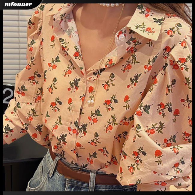 Áo Sơ Mi Tay Dài Phồng In Họa Tiết Hoa Thanh Lịch Dành Cho Nữ