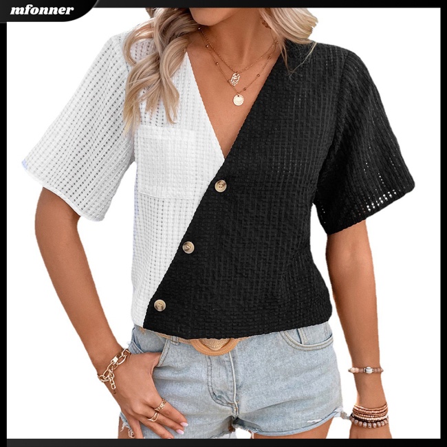 Áo Dệt Kim Tay Ngắn Cổ Chữ V Màu Sắc Tương Phản Thời Trang Cho Nữ