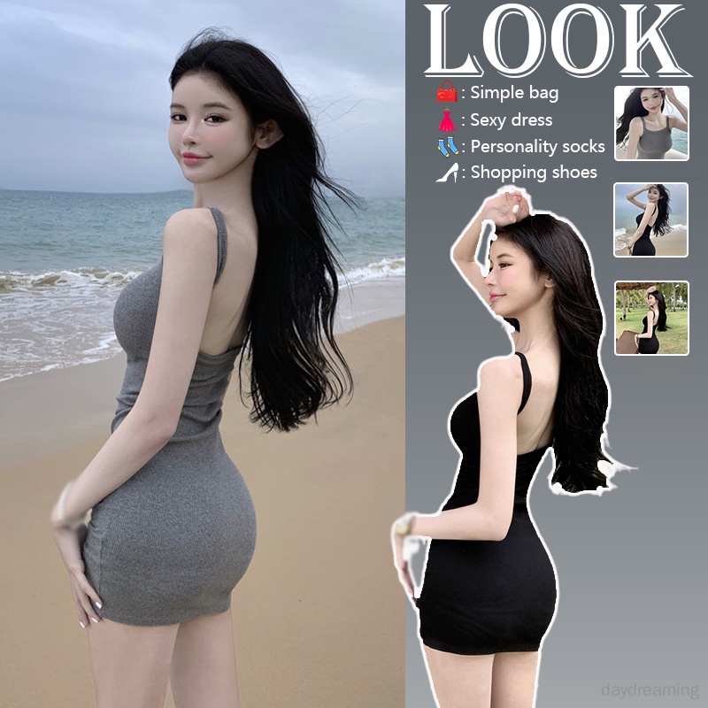 Đầm Hai Dây Hở Lưng Dáng Ôm Thời Trang Mùa Hè Phong Cách Hàn Quốc Cho Nữ