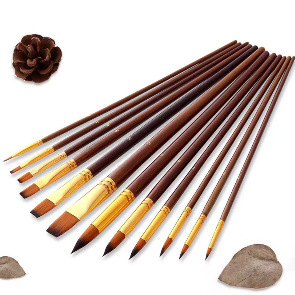 Set 12 Cọ Vẽ Màu Nước Sợi Nylon Tay Cầm Bằng Gỗ Tiện Dụng Cho Học Sinh