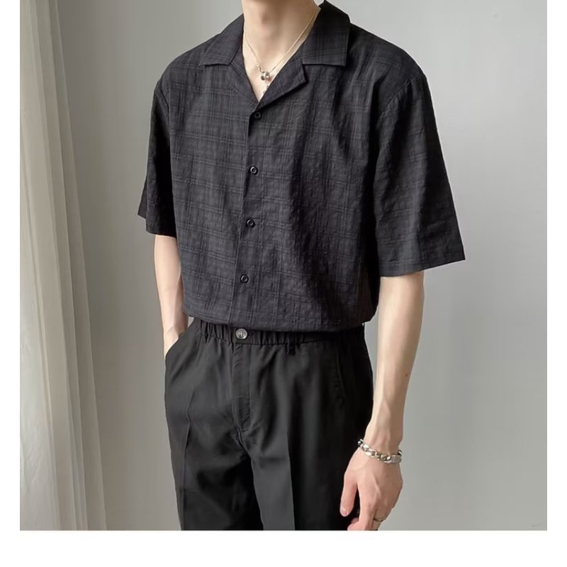 Áo Sơ Mi Nam Tay Ngắn Dáng Rộng Họa Tiết Caro Phong Cách Hàn Quốc