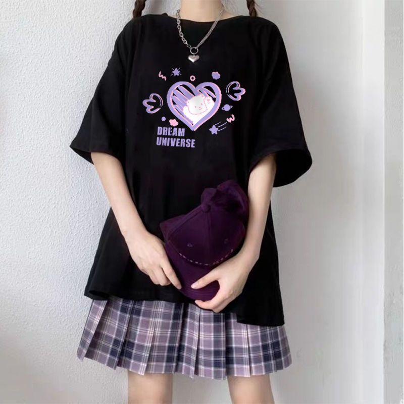 Áo Thun Tay Ngắn Dáng Rộng Màu Đen In Hình Trái Tim Thời Trang Mùa Hè Xinh Xắn Cho Nữ