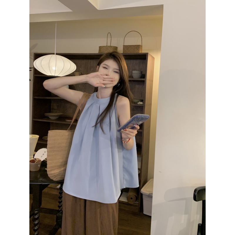 Áo Sơ Mi Không Tay Xếp Ly Đơn Giản Thời Trang Hàn Quốc