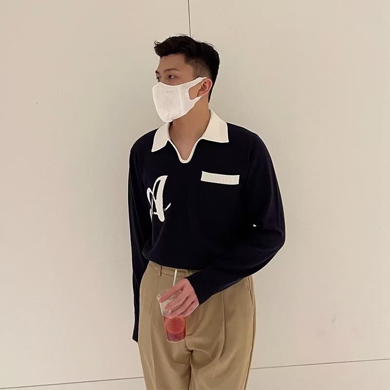 Áo Sweater polo In Chữ Jacquard Màu Khối Phong Cách Âu Mỹ Thời Trang Xuân Thu Hàng Mới Dành Cho Bạn Nam